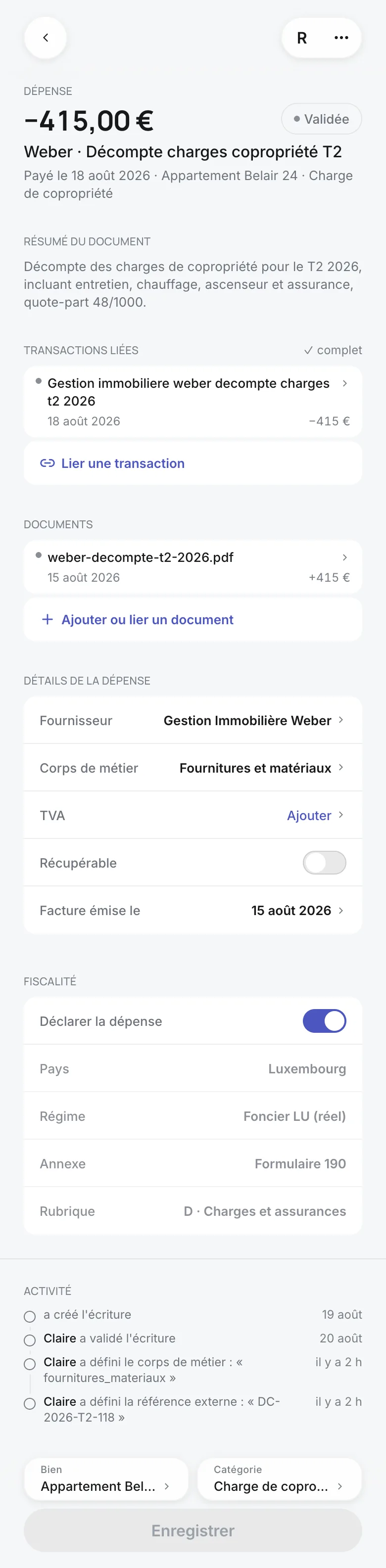 The same entry enriched by the invoice