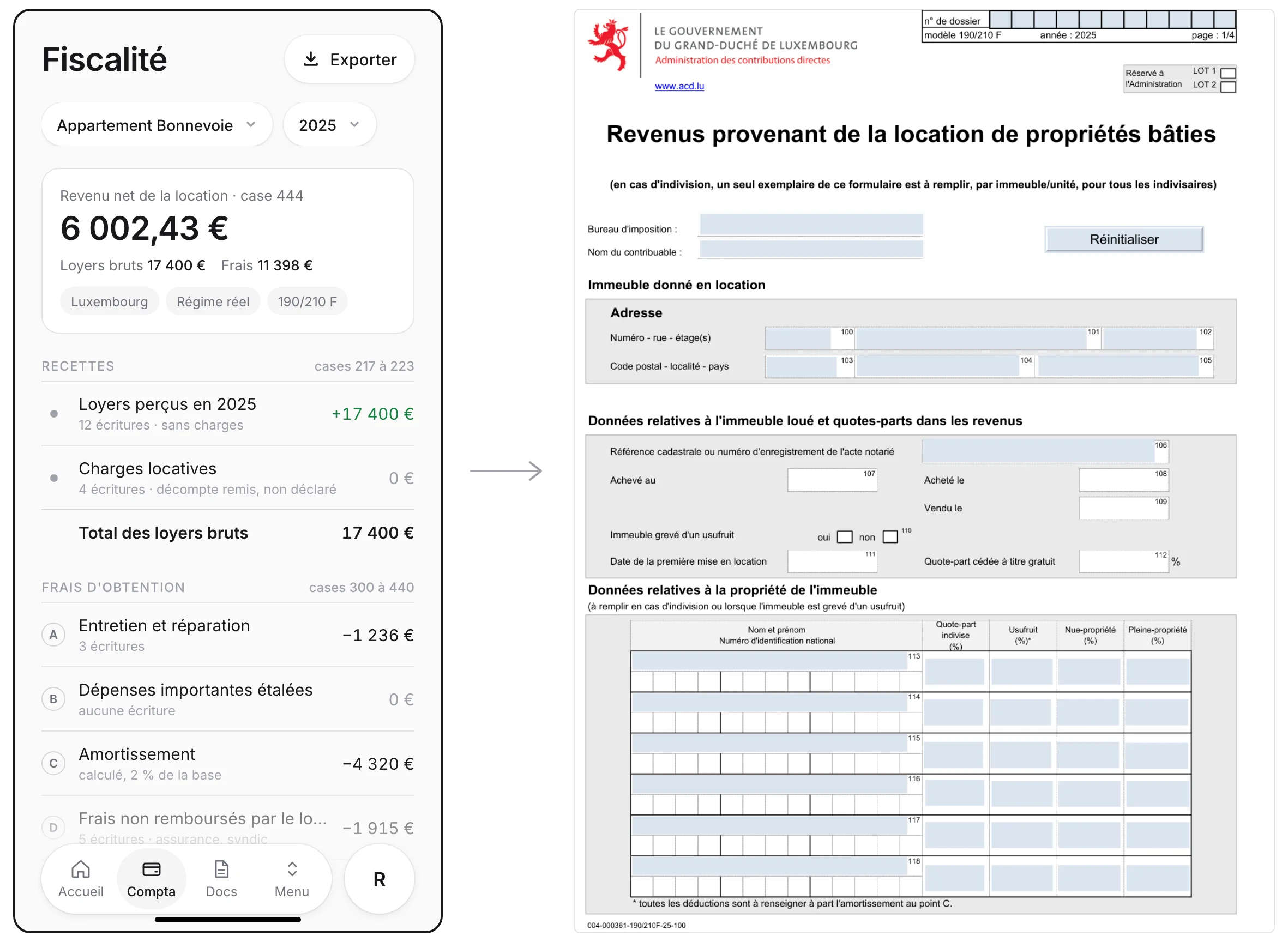 The tax page, in development, and the 190/210 F it fills in, the Luxembourg annex for rental income